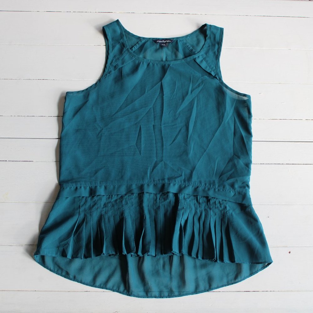 Sleeveless Sheer Teal Ruffle Detail Top
